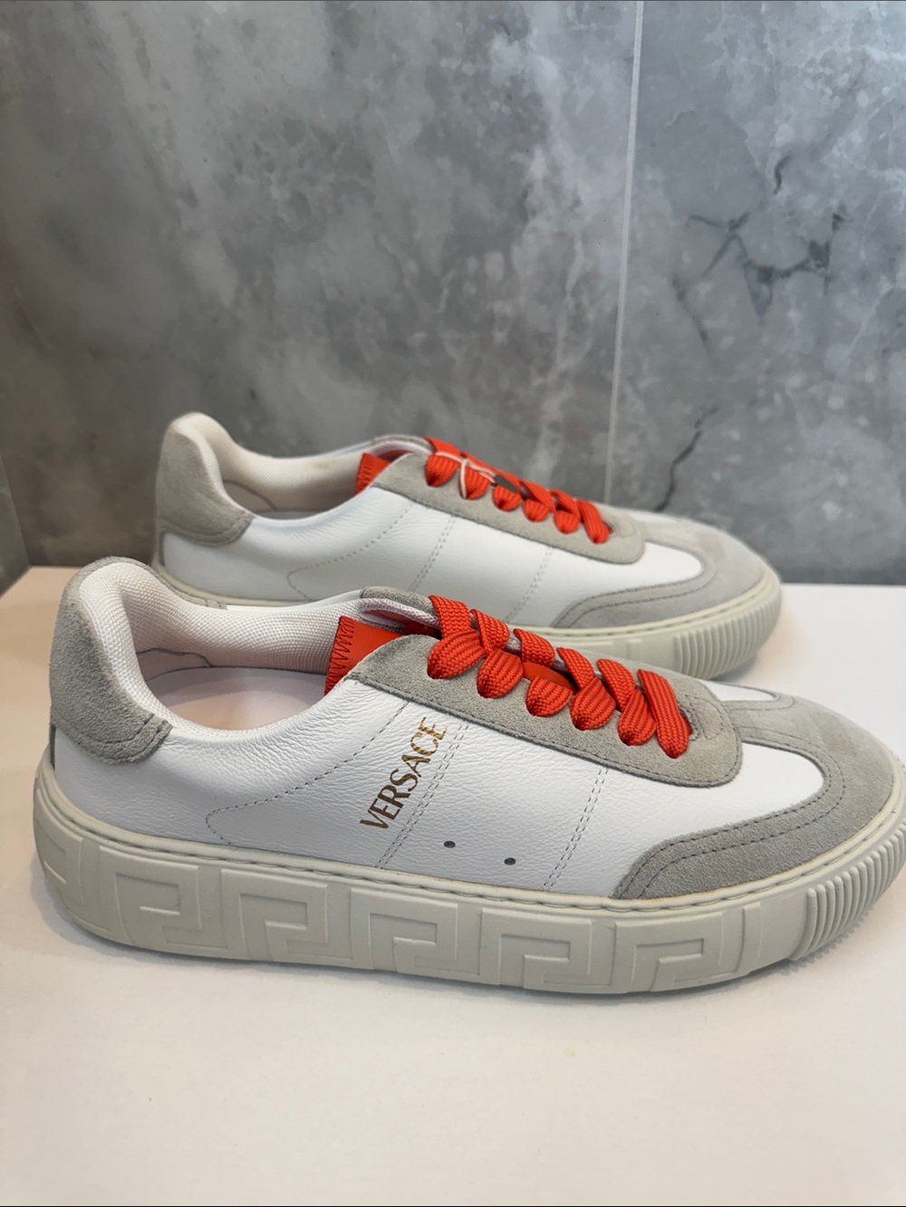 Versace White, Gray & Orange Lace-Up Low Tops
